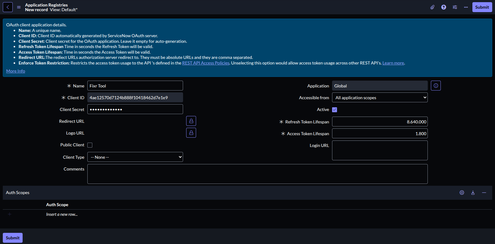 ServiceNow Setup Application Registry